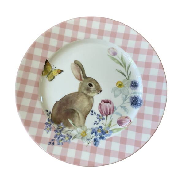 Grace Teaware Bunny Floral Pink Gingham 8in Side Salad Plates Set of 4 NEW - Picture 1 of 12